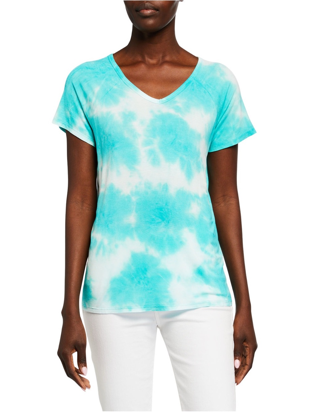 For The Republic Turquoise and White Tie-Dye V-Neck Tee